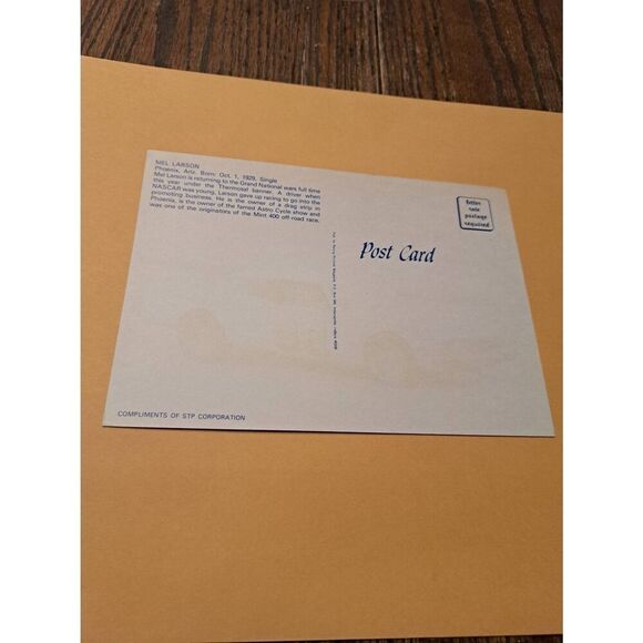 Vintage Mel Larson NASCAR Postcard #98 Thermosol STP Racing Pictorial 7x5 Unused - Picture 2 of 2